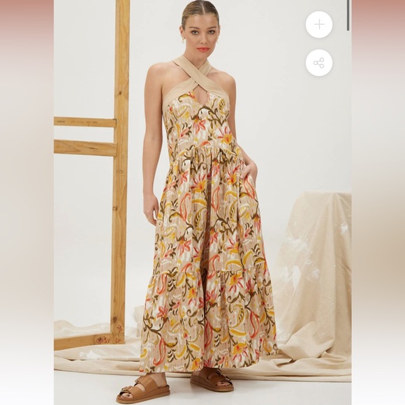 mon renn kindred tan print cut out halter neck linen blend tiered maxi dress new - Picture 8 of 8